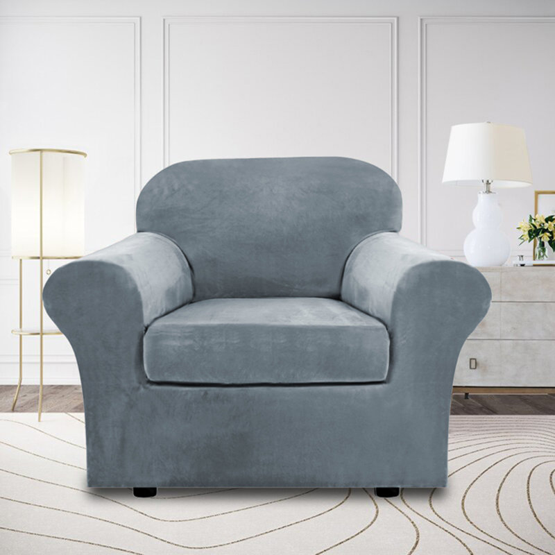 Housse pour fauteuil à coussins carrés / rectangulaires 2 pièces Rich Velvet Stretch , Bleu pierre