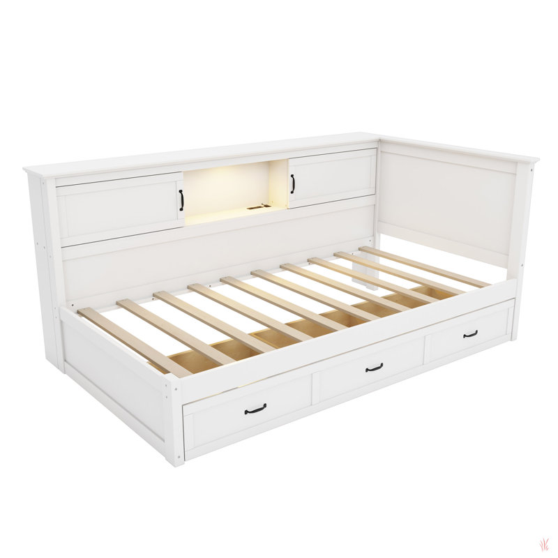 L-Shaped Bed Frame With Drawer And And Bookcase,Corner Bed Wooden Captain Bed With Led Downlight And USB Port For Small Room,Bedroom, Guest Room, White