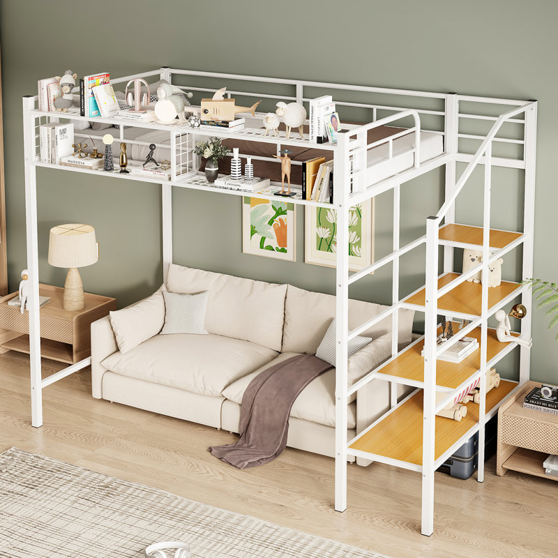 Twin Metal Loft Bed with Upper Grid Shelf, Lateral Storage Ladder, White Space-Saving Elevated Kids & Teen Bedroom Furniture