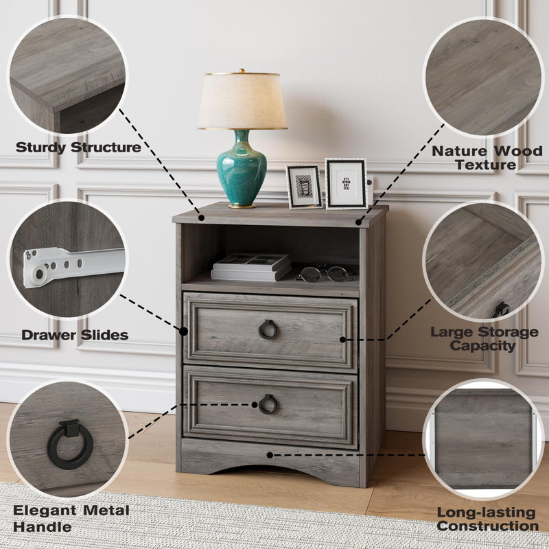 Gray Wash 2-Drawer Nightstand Set with Metal Handles