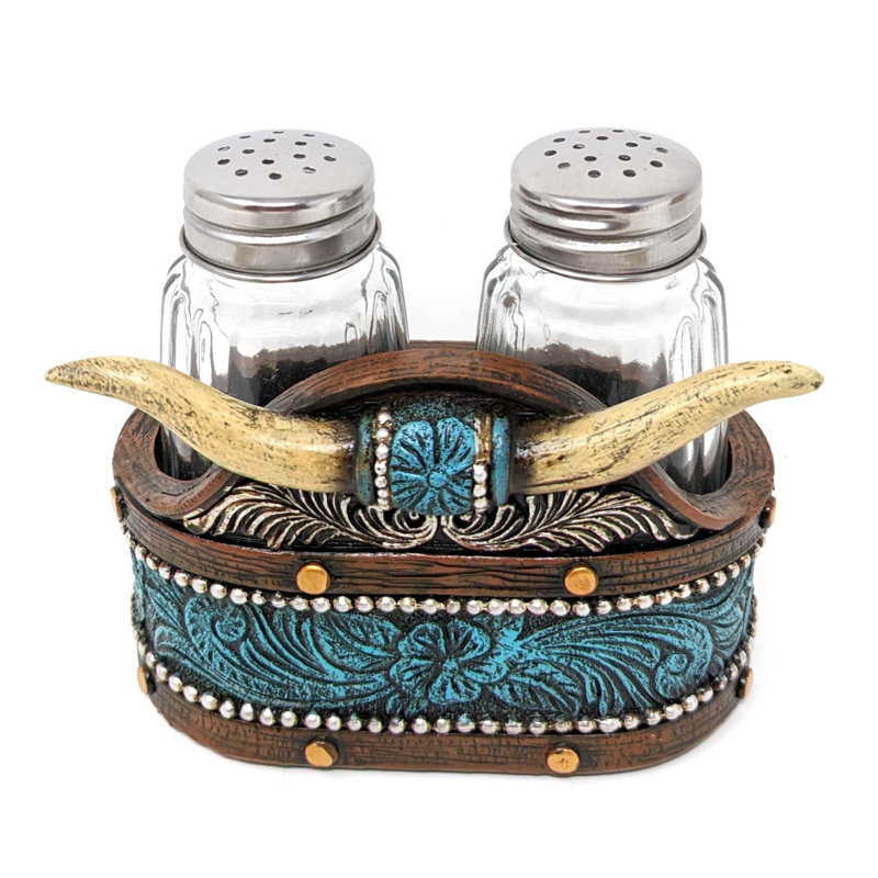 Ensemble de salières et poivrières Southwestern avec support - fausse corne et cuir usiné (rustique, chalet, chalet)