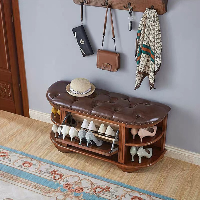 Banc rembourré en cuir véritable brun noisette