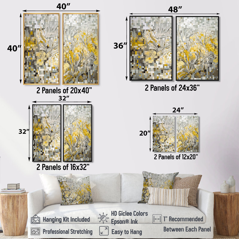Jaune et crème, mélange bohémien I - mosaïque bohème, grandes impressions sur toile, 2 panneaux, H 36 po x l 48 po, Noir