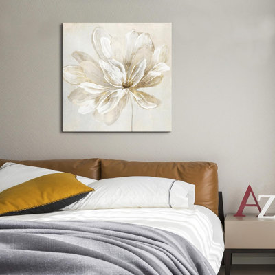 "White Flower Wall Art Beige and Gold Blooming Flower", impression d'art floral abstrait pour salon, chambre, salle de bain, bureau à domicile, décoration murale 24 po x 24 po