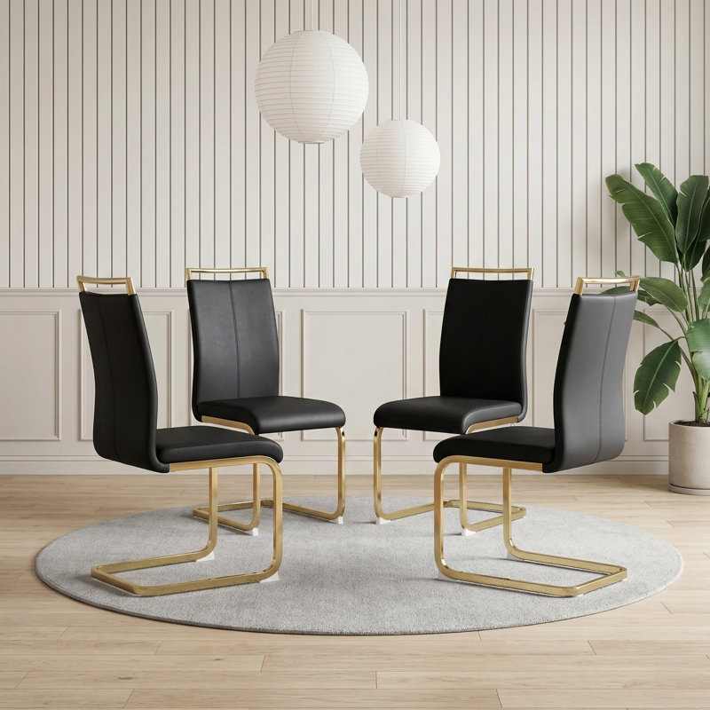 Modern Glam Faux Leather Cantilever Dining Chairs with Metal Base and Handle (Set of 4 ), Black