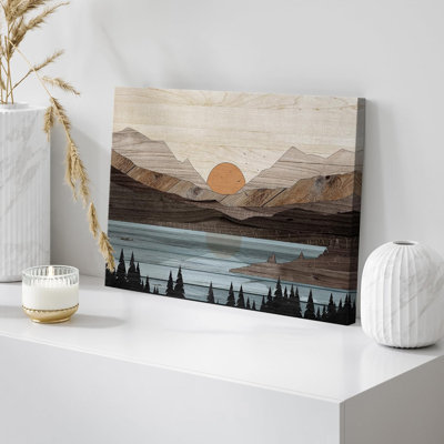 «Western Wood Effect Landscape Mountain Range Lake Trees Nature Abstract Artwork Living Room Decor on Canvas Print
