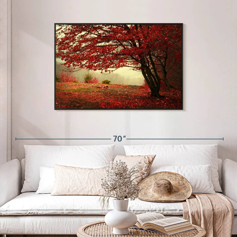 Arbre rouge en automne, Cadre flottant noir, 43 po x 29 po