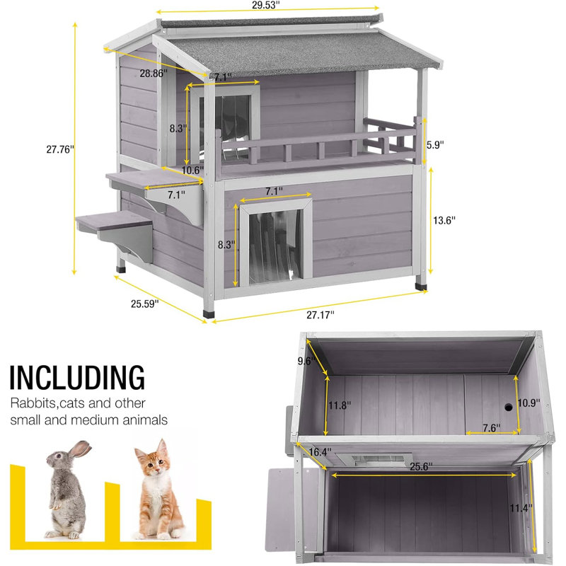 Abri pour chat extérieur pour chat à deux étages résistant aux intempéries avec portes de secours, bois massif isolé et plancher intermédiaire amovible pour plusieurs chats