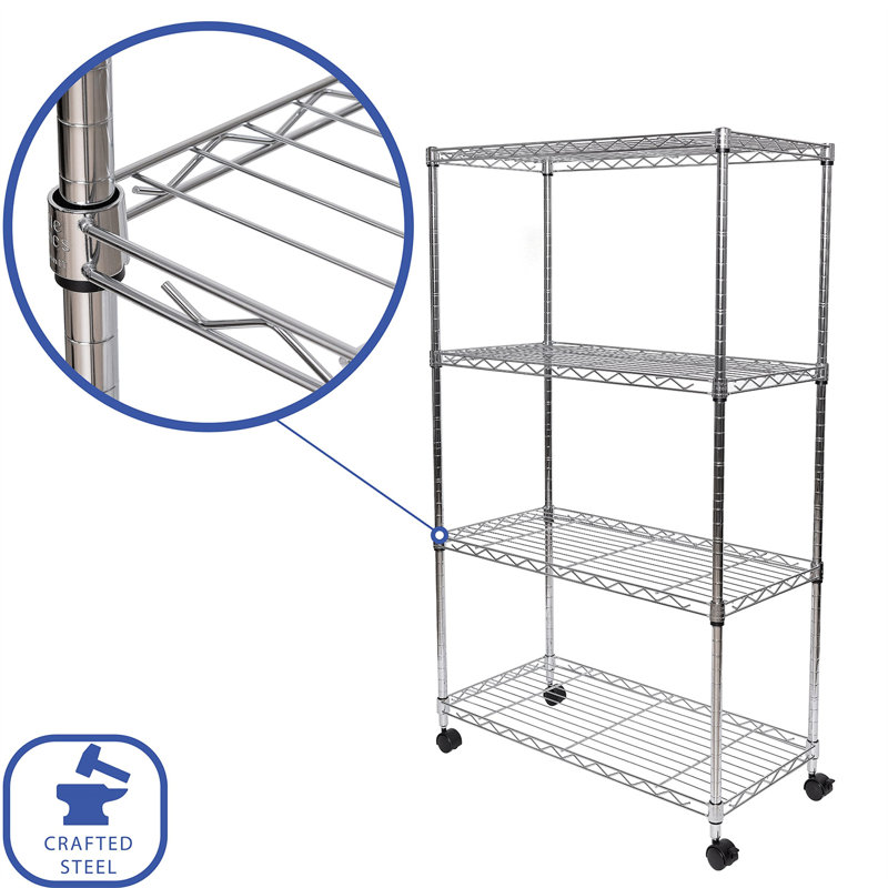 Adjustable 4-Tier Gray Steel Wire Shelving Unit with Wheels