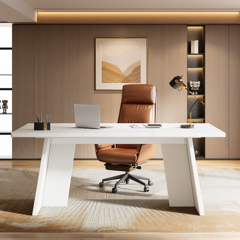 63" Farmhouse Executive Desk – Vintage Wood Computer Workstation With Thickened Tabletop, Large Writing & Conference Table For Home Office Or Study