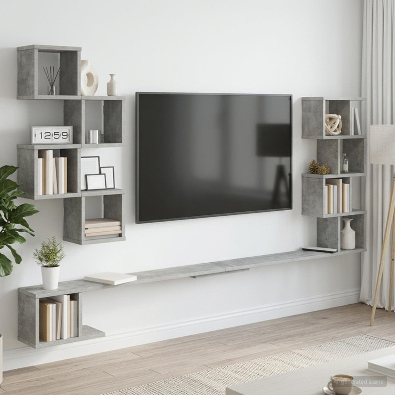  Wall-Mounted TV Shelf with Shelf with Storage Engineered Wood Shelves, 94 cm H x 200 cm L x 15 cm D