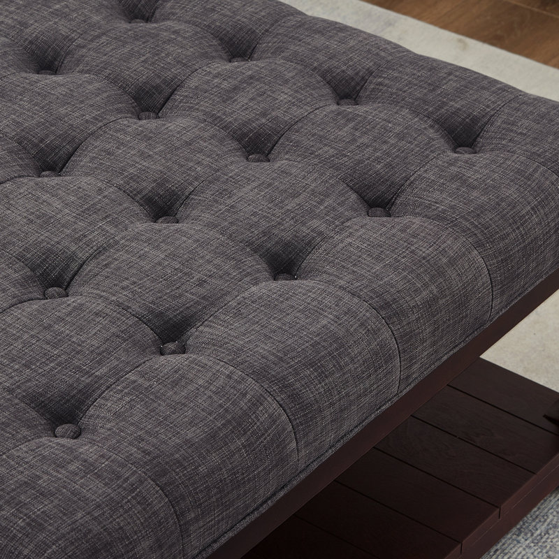Large Square Upholstered Tufted Linen Ottoman Coffee Table, Large Footrest Ottoman With Solid Wood Shelf- Dark Gray