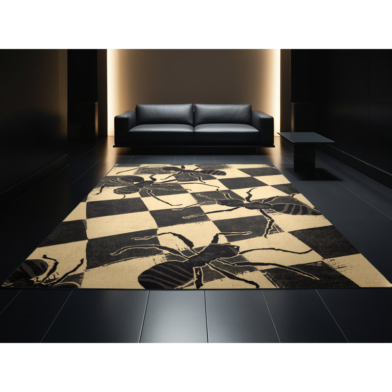 Machine Washable Pantelia Ant Retro Checkered Rug in Black – Black Binding, 5x7