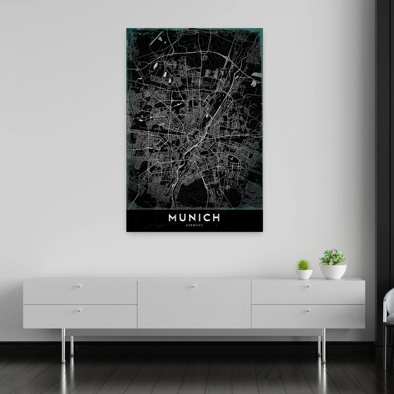 Munich Dark City Map Retro Vintage City Architecture Wall Art Print 1 Piece Wrapped Canvas Wall Art, 152.4cm H x 101.6cm W