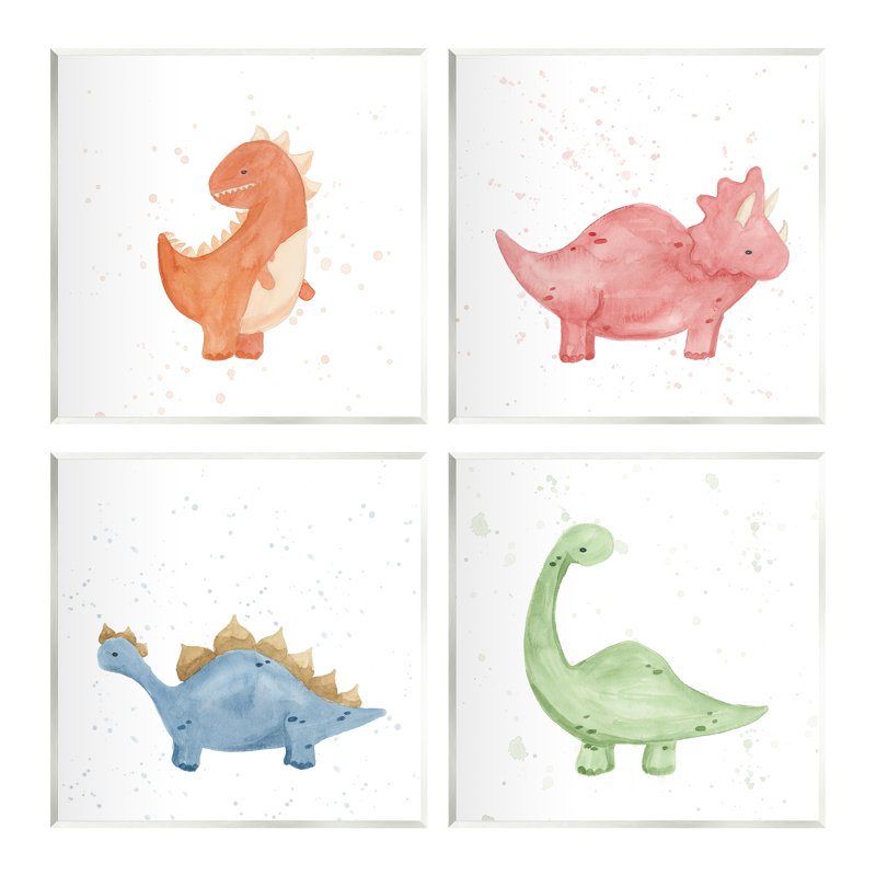 «Fun Nursery Dinosaurs Animals» par Lucille Price - ensemble de 4 impressions, H 24 po x l 24 po x P 0,5 po, Unframed
