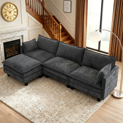 108.00 W Chenille L-Shaped Modular Sectional Sofa with 2 Throw Pillows,Charging Ports,Side Storage Pockets,Double-Layer Cushions,Movable Ottoman.