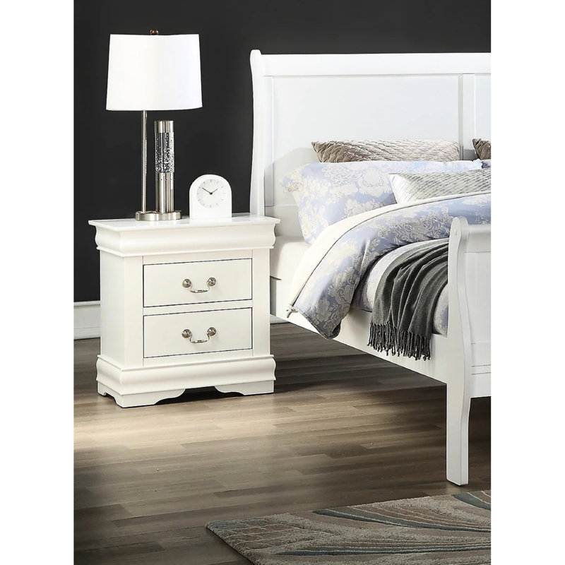 Table de chevet blanche en bois massif, deux tiroirs au design fonctionnel, espace de rangement classique et contemporain, cadre