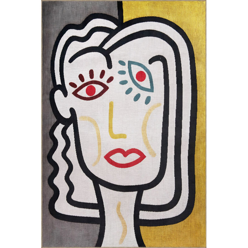 Tapis décoratif moderne à motif de visage surréel jaune, Tapis de couloir 3 pi 3 po x 9 pi 10 po