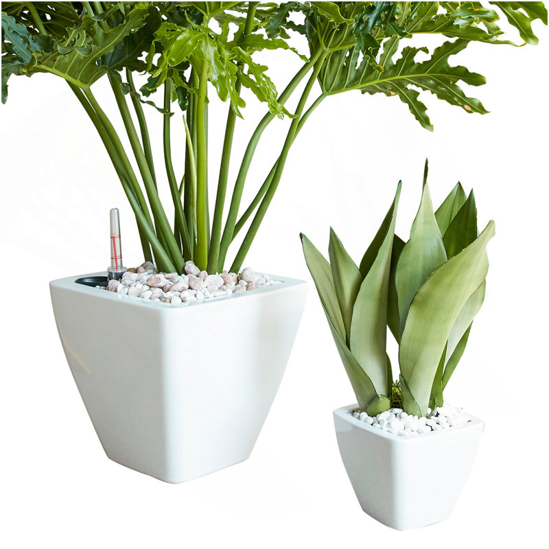 Ensemble de 2 pots à fleurs avec réservoir pour l'intérieur et l'extérieur - Blanc - Cône carré, Blanc