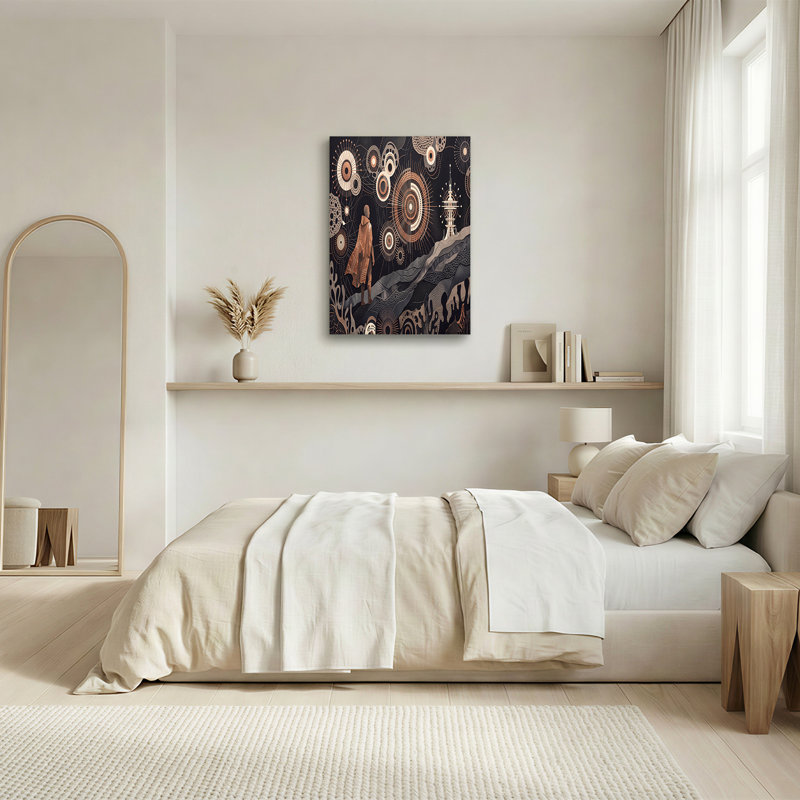 Art mural sur toile, figure de bronze près de la tour et cercles géométriques, H 16 po x l 24 po