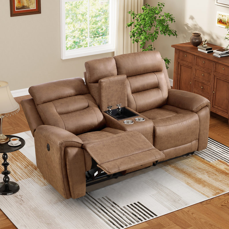 Causeuse inclinable électrique en similicuir de 79,2 po de largeur avec console centrale et ports de recharge, Brun