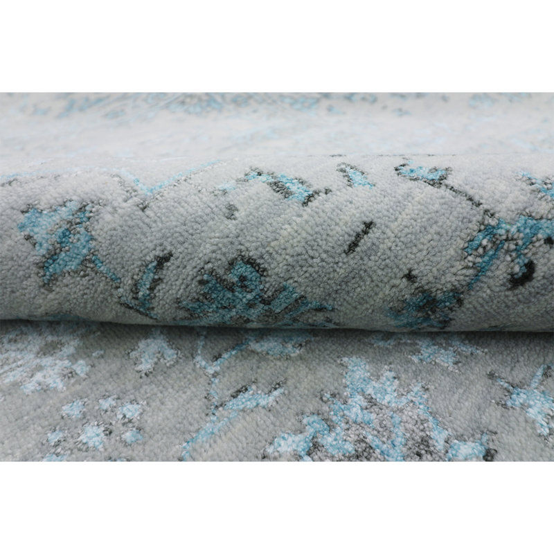 Tapis argenté et turquoise noué à la main de haute qualité, Rectangle 6 pi x 9 pi