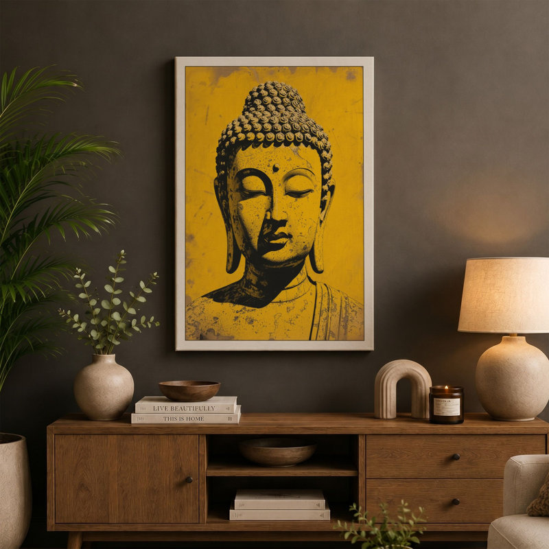 Golden Buddha Head Japandi - Wrapped Canvas, 30x20 - 76.2 x 50.8 cm, Teal Border