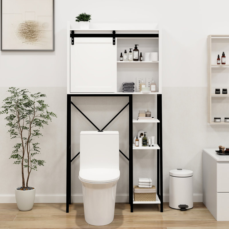 Unité de rangement blanche au-dessus de la toilette. Organisateur de salle de bain compact. Armoire à portes coulissantes avec tablettes réglables. Rouille - Finition - Blanc. Maximisez votre espace. Pour plus d'intimité. Tablettes polyvalentes
