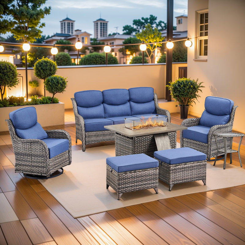 7 Pieces Patio Furniture Set, Outdoor Wicker Sofa Couch With Rocking Swivel Chairs And 55000 Gas Fire Pit, Modern Deep Seat Rattan Conversation Sets For Porch Deck
