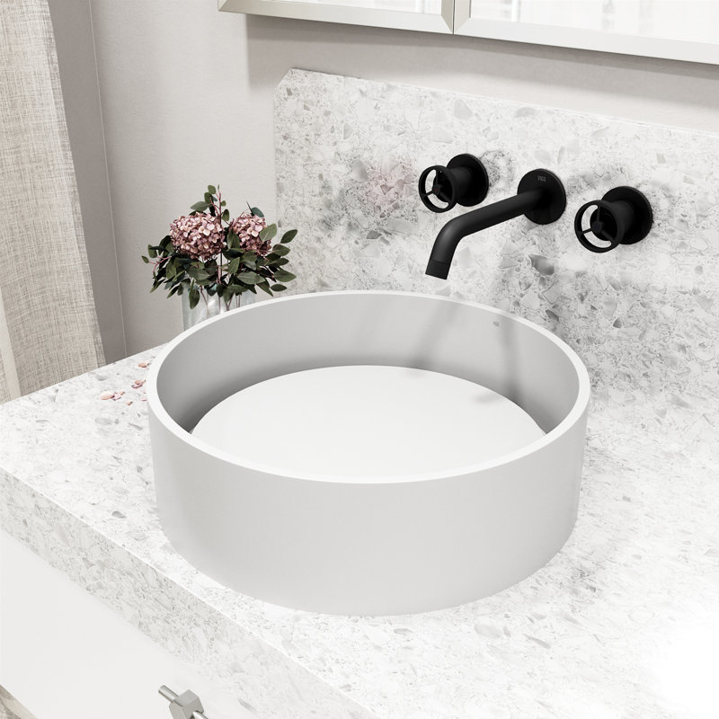 Matte Black and White Round Stone Vessel Sink with Faucet