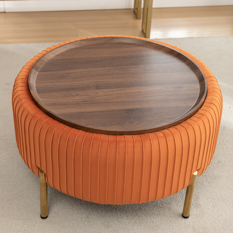 Miajah Upholstered Round Storage Ottoman, Orange