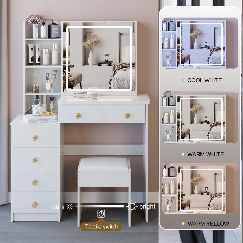 Ensemble de meuble-lavabo de 37 po avec commode de chevet de taille moyenne 37 po, 2 prises AC 2 USB, support pour sèche-cheveux, grand miroir à DEL tactile, interrupteur 3 couleurs