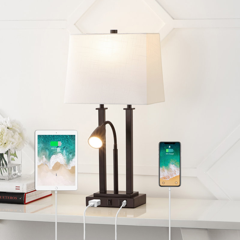 Lampe de table campagnarde à DEL moderne en métal 23,75 po avec port de charge USB d'Igna, Bronze huilé