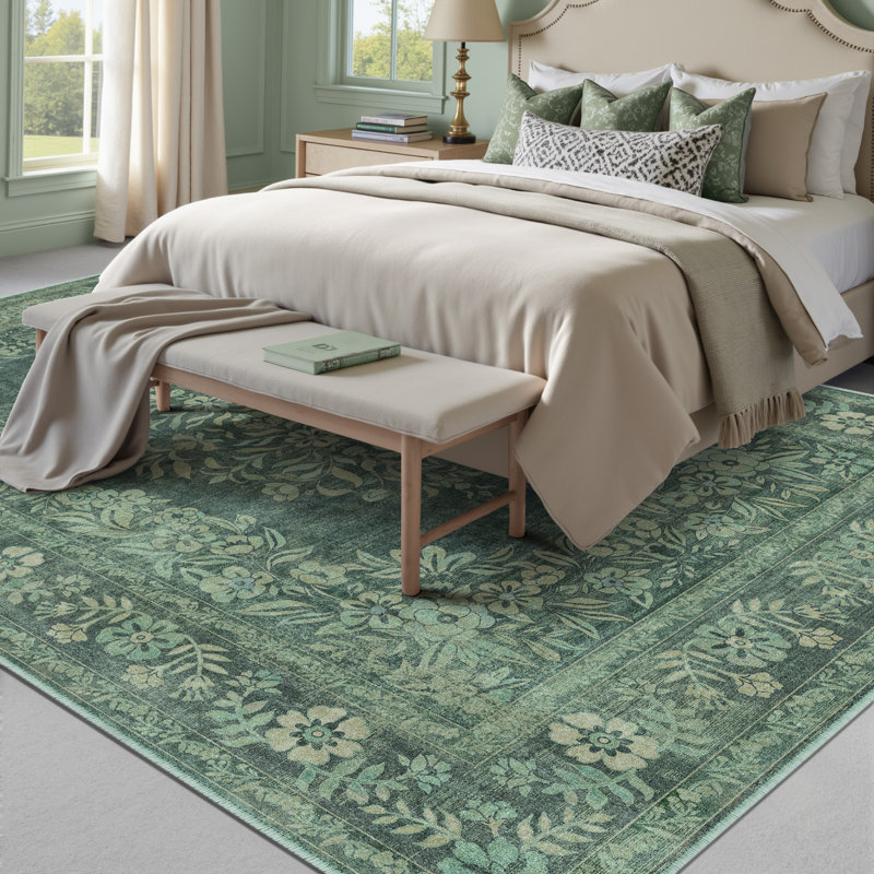 Tapis oriental lavable à la machine avec envers antidérapant Stella, Rectangle 5 pi x 7 pi, Green