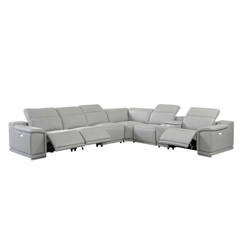 Zika 7PCS Modern Motion Reclining Sectional Sofa, Light Gray Genuine Leather