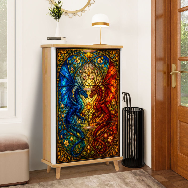 Armoire de rangement pour chaussures avec 3 tiroirs rabattables pour impression de vitrail Dragons bleu rouge Nature Elements