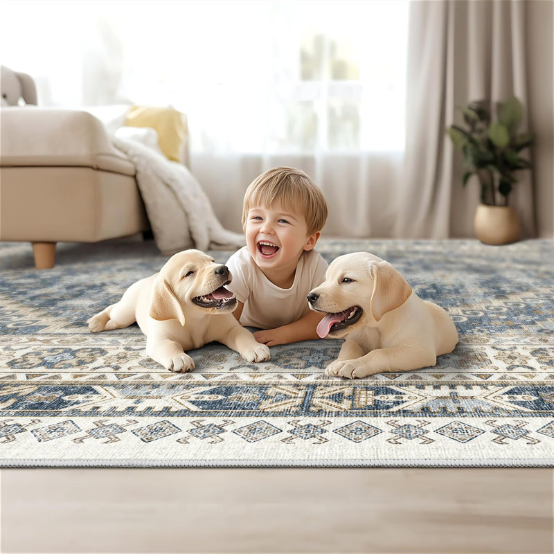 Medallion Non Slip Washable Area Rug(Blue), Rectangle 3' x 5'