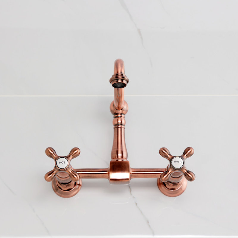 Kingston Brass Heritage Double-Handle 2-Hole Wall-Mount Bridge Kitchen Faucet, Antique Copper