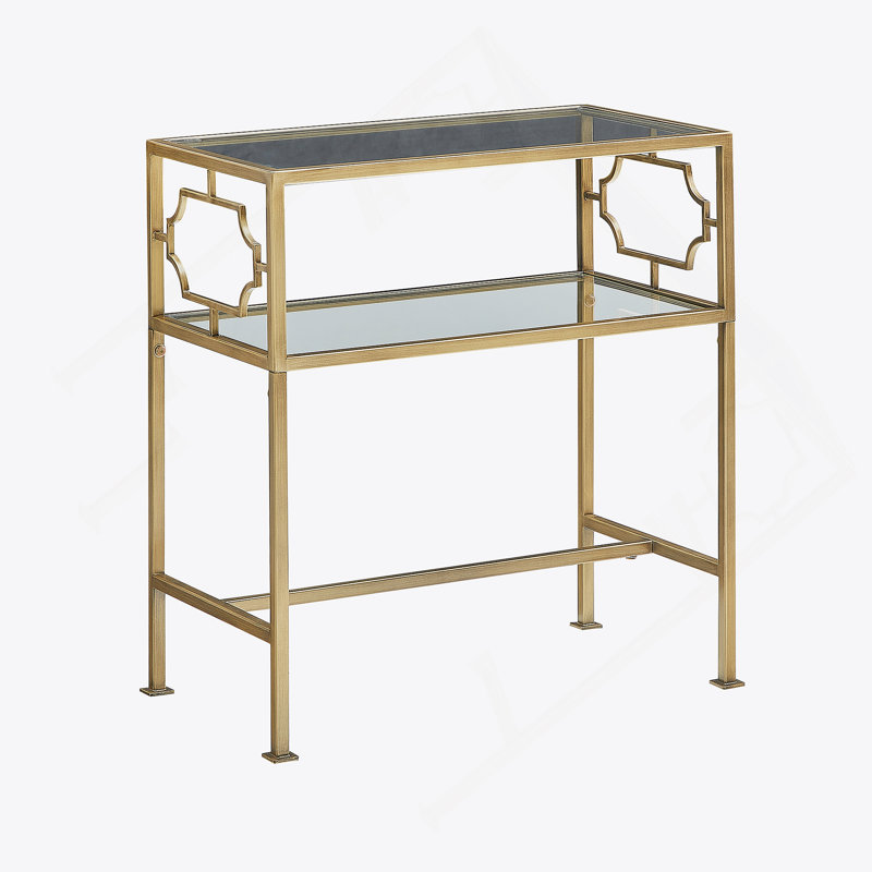 Table d'appoint rectangulaire en métal doré antique et verre avec tablettes en verre trempé à deux niveaux pour un décor élégant et fonctionnel