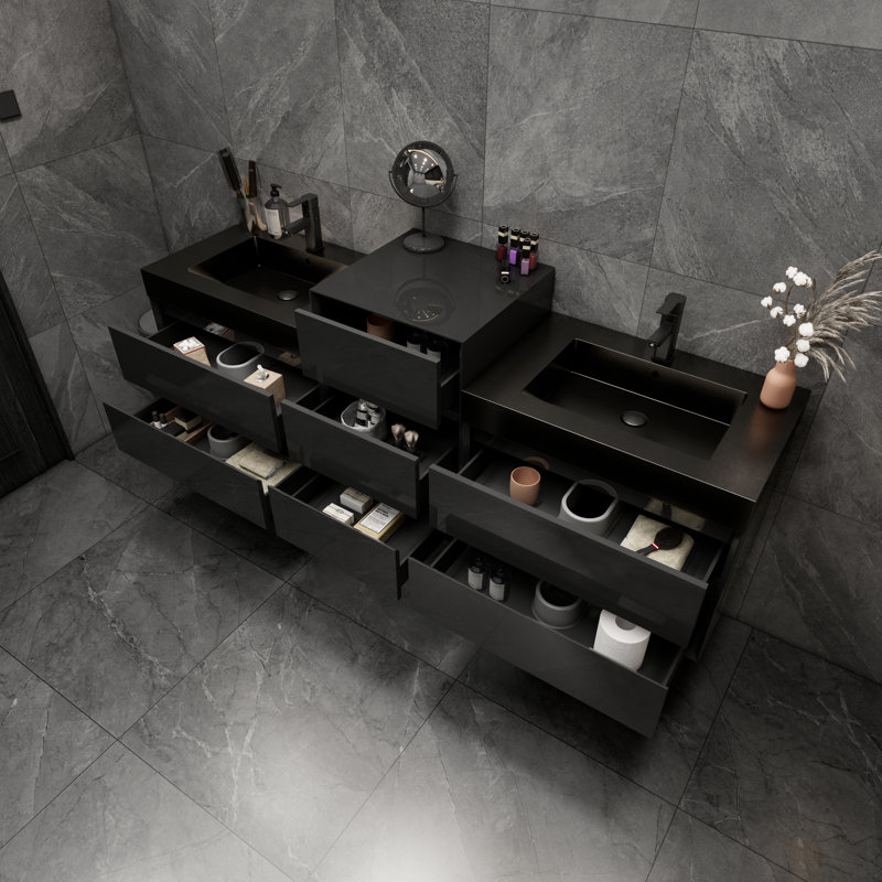 Ensemble de meuble-lavabo double mural 79 po Golitz, Noir lustré