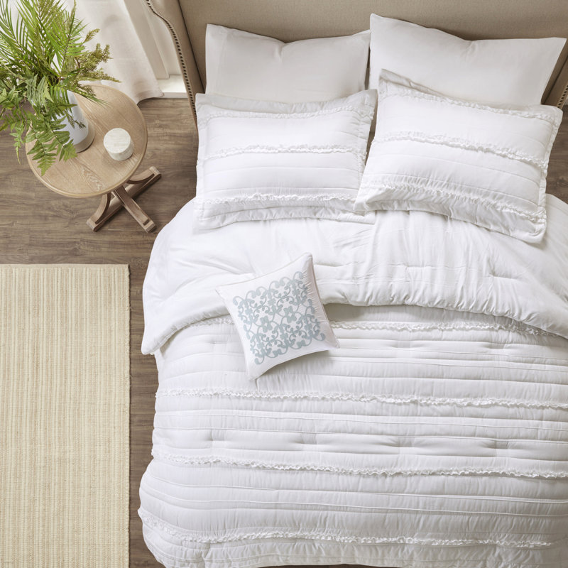 Lit en microfibre 5 pièces - très grand, blanc, design Shabby Chic, édredon à volants,, literie lavable à la machine, microfibre blanche et accents lavables