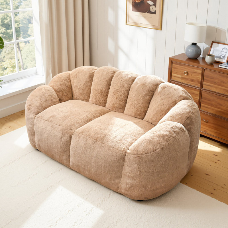 Velvet Fabric Loveseat Bean Bag Chair Foam Filled, Khaki Velvet