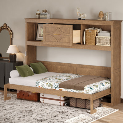 Lit escamotable simple avec station de charge, tiroirs et armoires de rangement, finition bois / blanc, conception Arc Line
