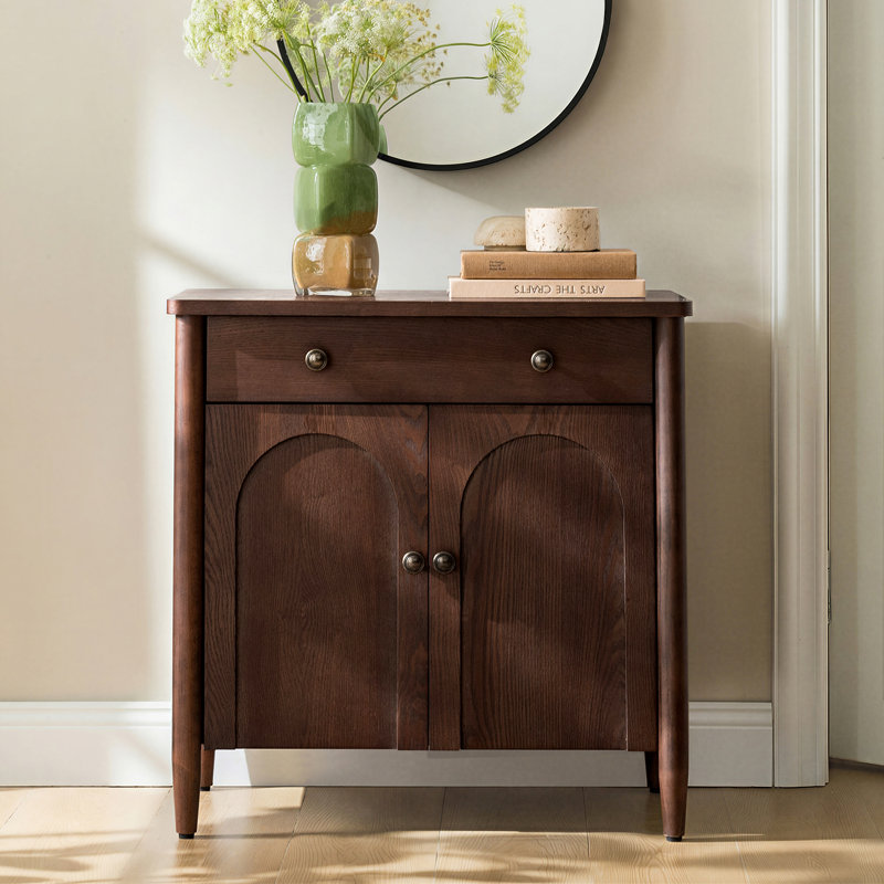 Leominster 28"W 1-Drawer 2 Arched Door Cabinet Chest with Solid Pine Wood Legs and Built-In Power Outlet
