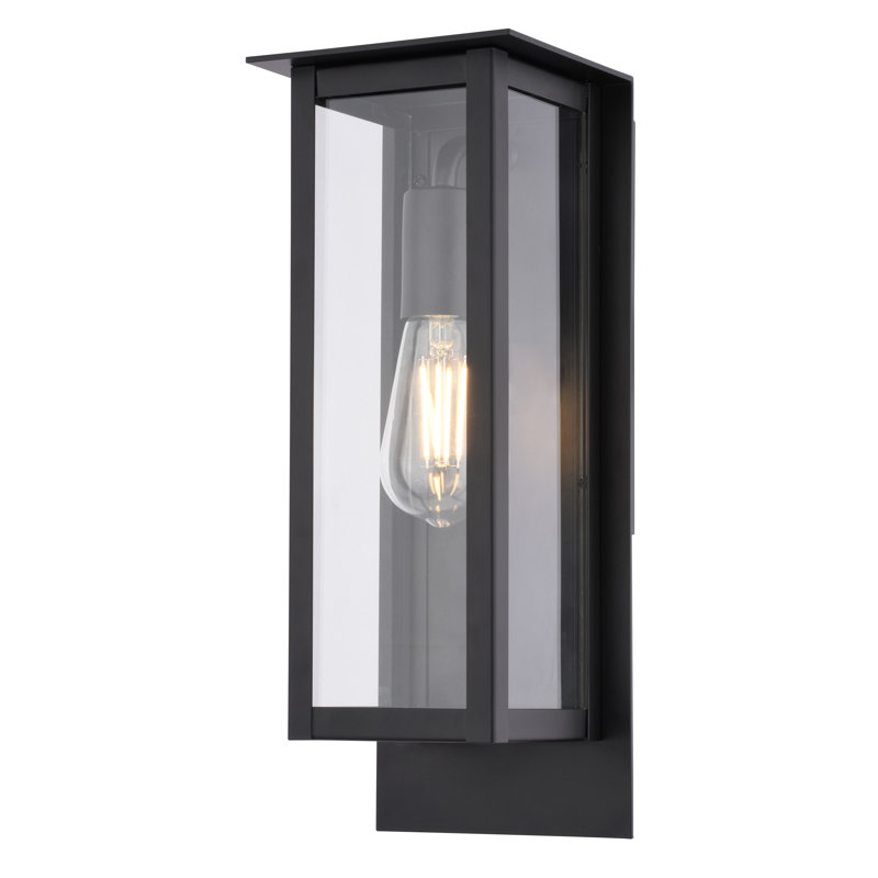 Burr Ridge 14 In. H 1-Light Matte Black Contemporary Outdoor Wall Sconce Made Of Durable Steel, Clear Glass Shade, LED Compatible, Use For Exterior Porch Patio Front Door Or Garage