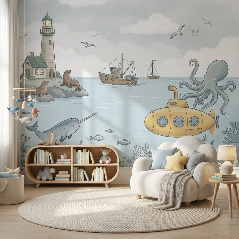 Murale sous-marine nautique avec papier peint phare, Texturé non collé, 120 po x 96 po