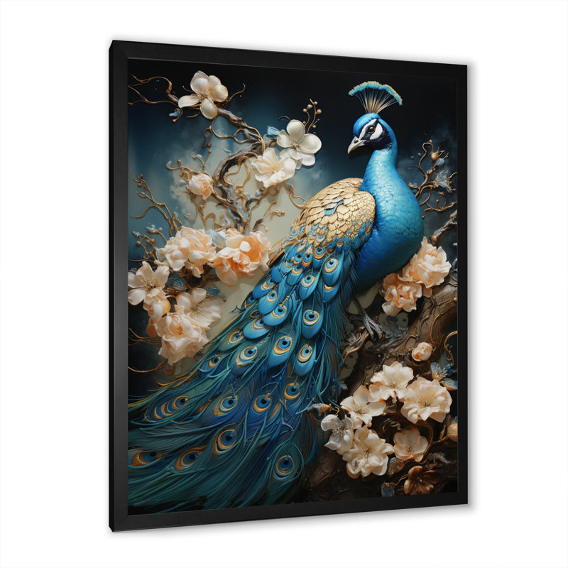 Ysaline Peacock Encaustic Portrait I - paon, art mural sur toile, H 40 po x l 30 po, Black Picture Framed