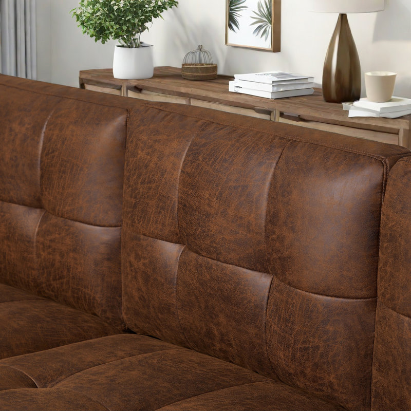 87.55 " Faux Leather Tufted Sofa Couch,Mid-Century  3-Seater Leather Upholstered  Couch, Brown