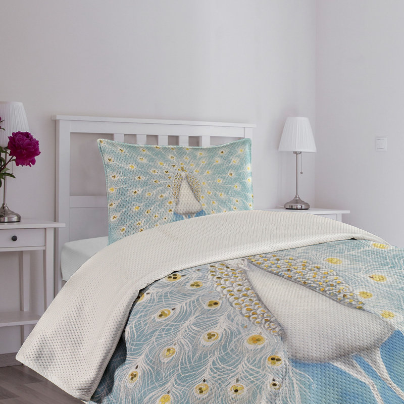 Twin White Microfiber Quilted Peacock Bedspread Set
