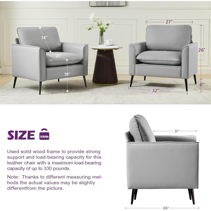 32In Wide Faux Leather Armchair (Set Of 2), Gray Faux Leather